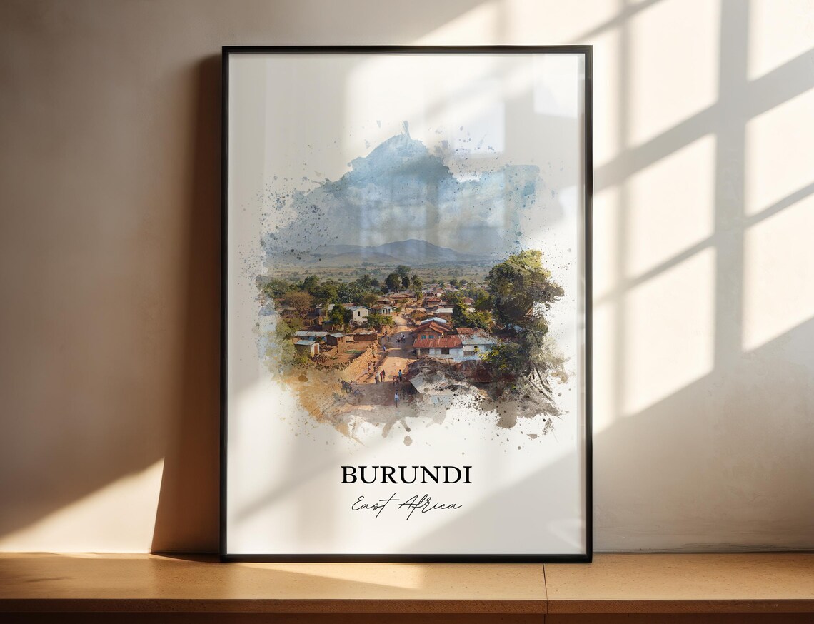 Burundi East Africa Scenic Hill Village Watercolor Travel Poster