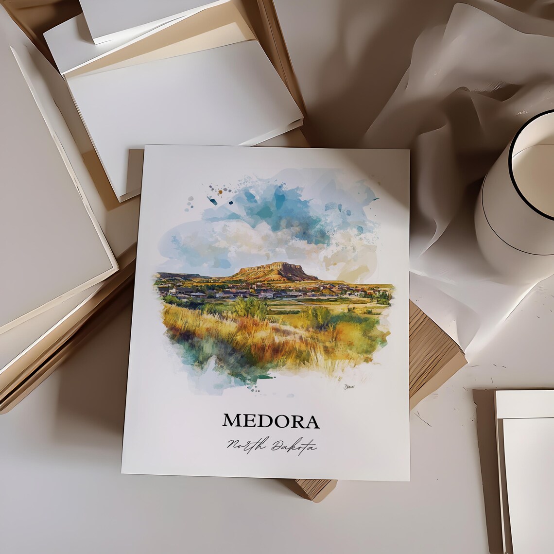 Medora North Dakota Watercolor Badlands Butte Town View Poster - Image 4