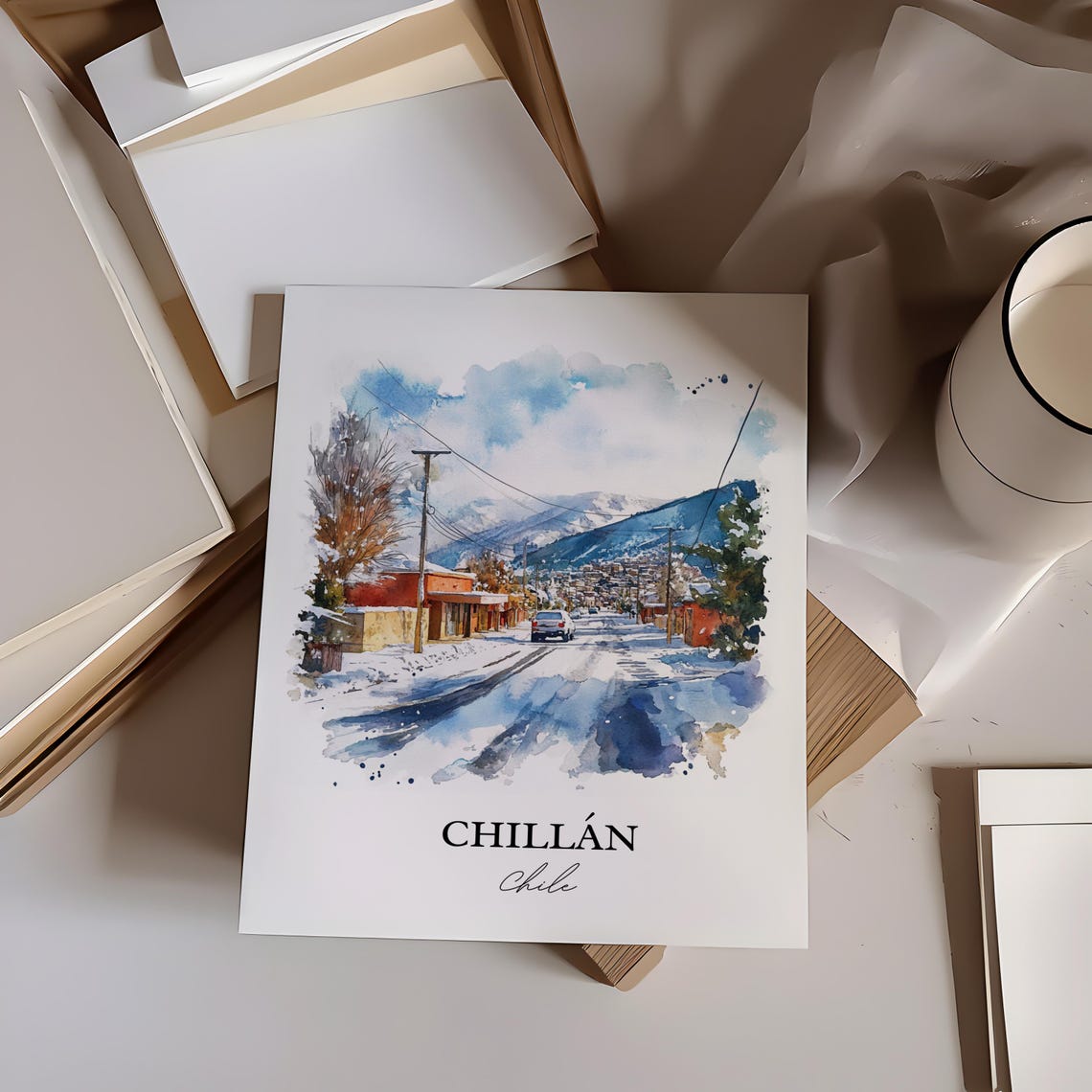 Chillan Chile Watercolor Snowy Andes Winter Street Scene Poster - Image 4