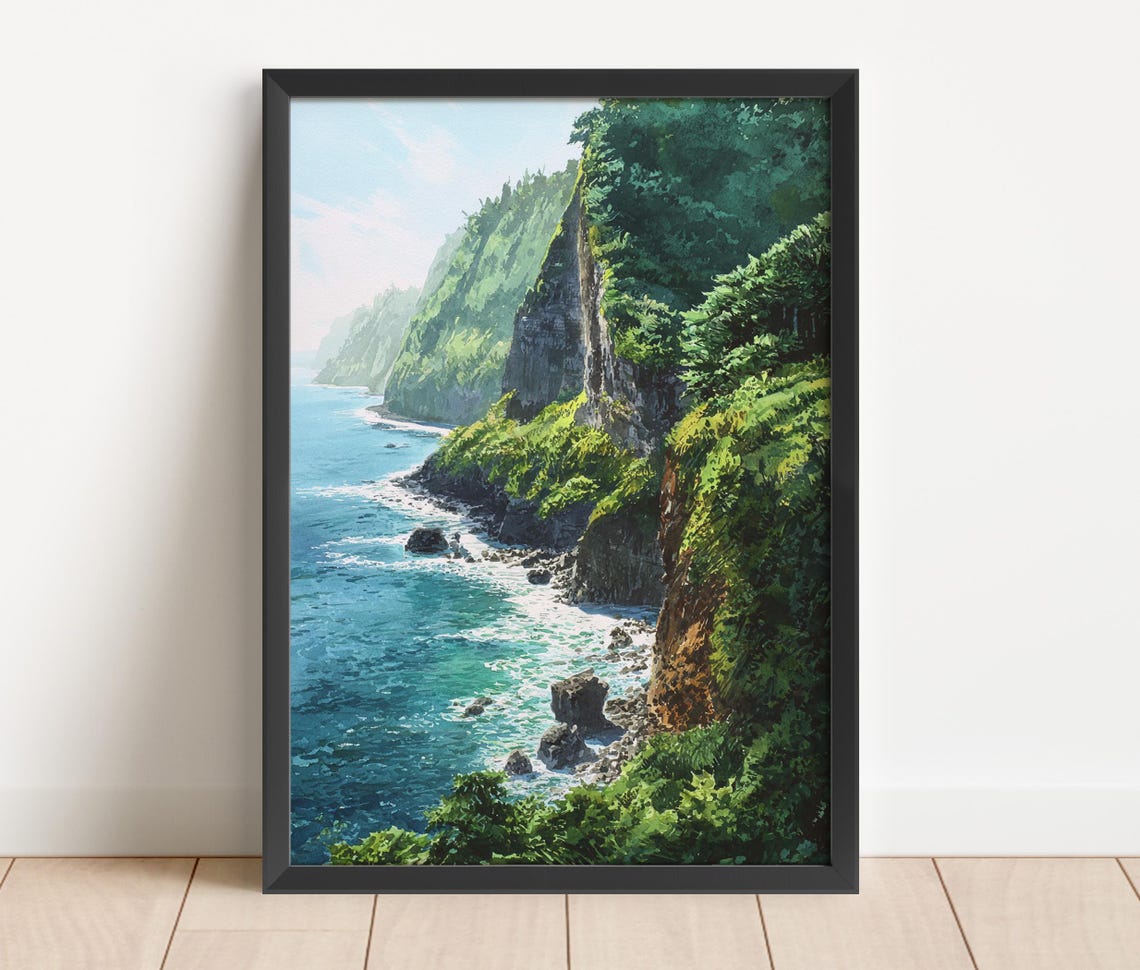 Hana Maui Hawaii Lush Green Coastal Cliffs Watercolor Art Poster
