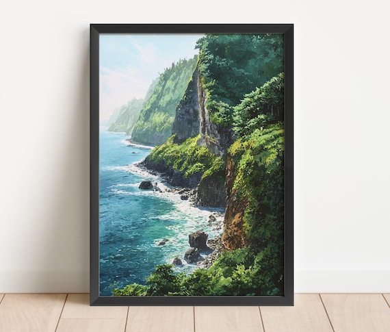 Hana Maui Hawaii Lush Green Coastal Cliffs Watercolor Art Poster