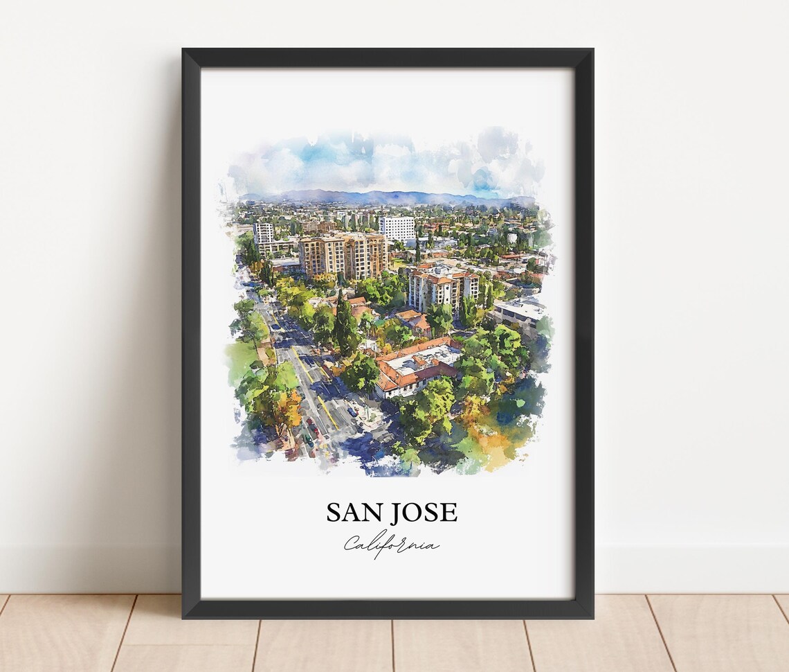 San Jose California Aerial Streetscape Watercolor City Poster - Image 4
