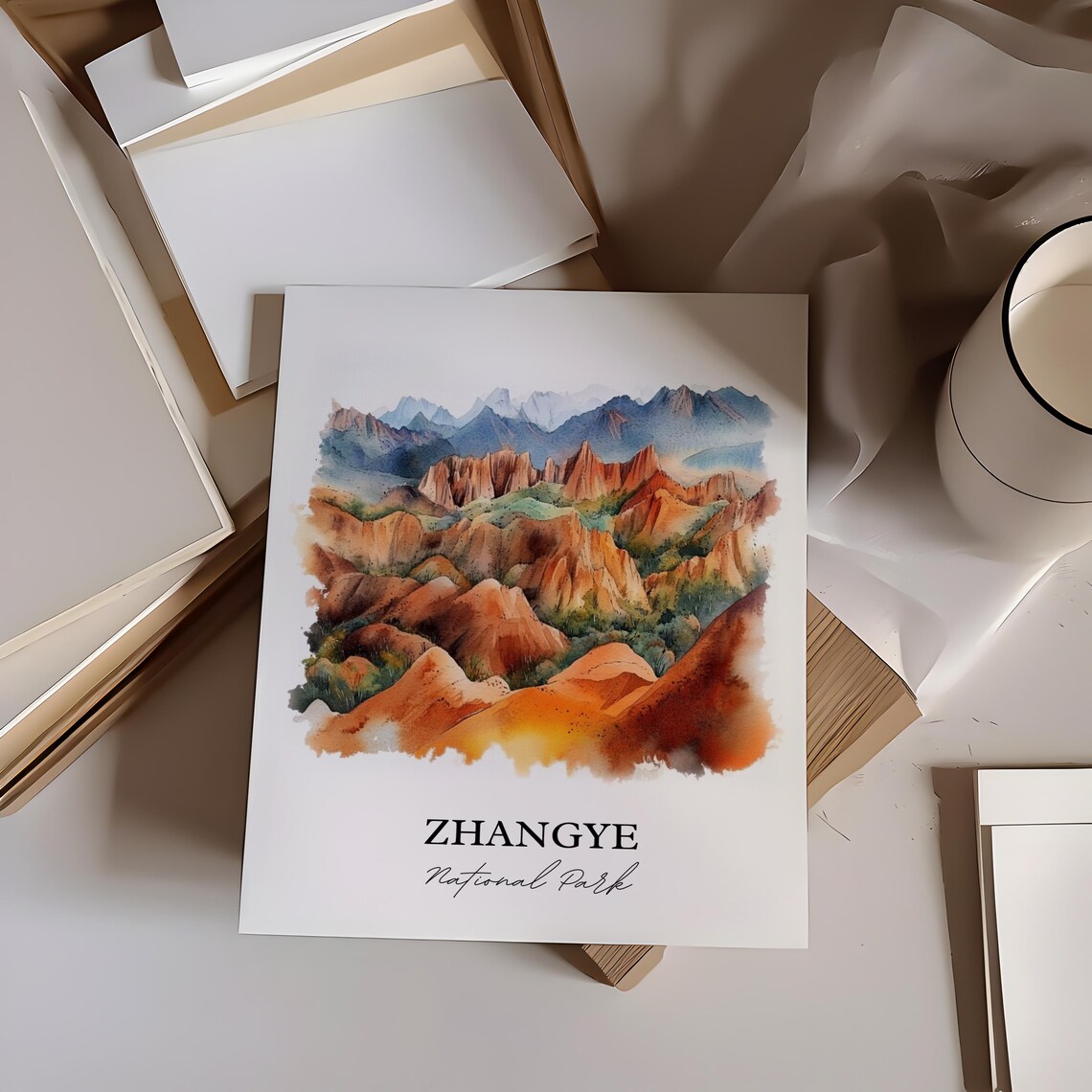 Zhangye National Park Rainbow Mountain Watercolor Travel Poster - Image 5