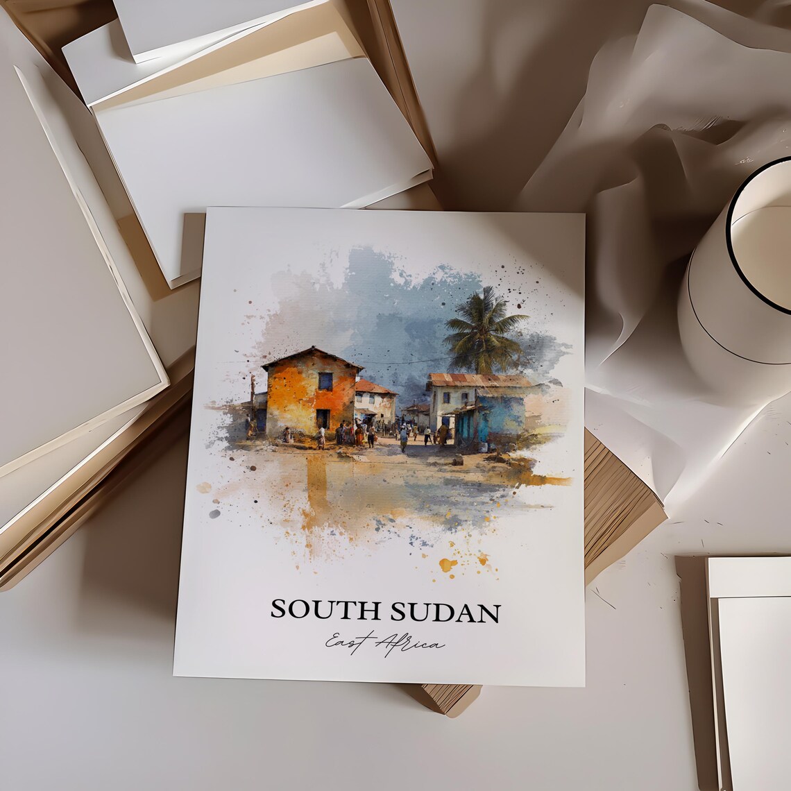 South Sudan East Africa Village Street Watercolor Travel Poster - Image 2