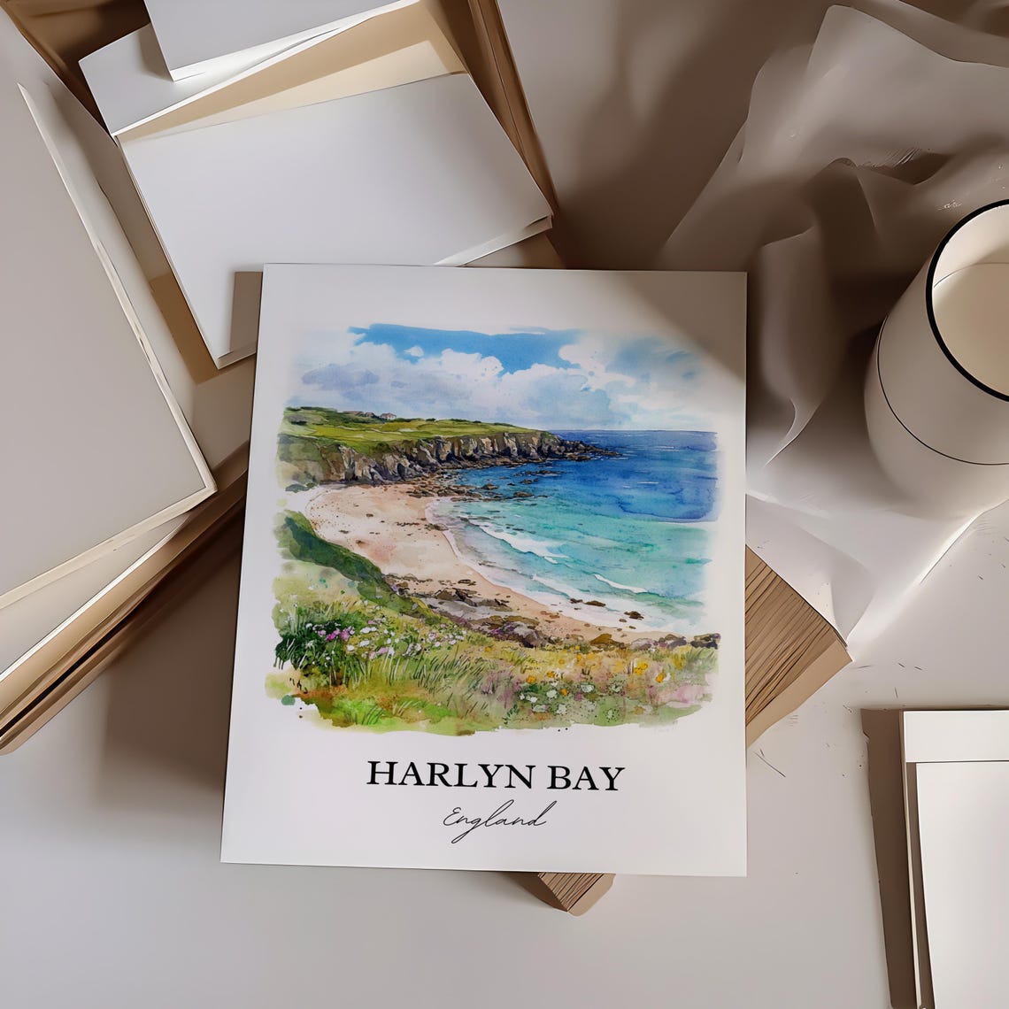 Harlyn Bay England Watercolor Beach Cliffs Turquoise Sea Coast Poster - Image 6