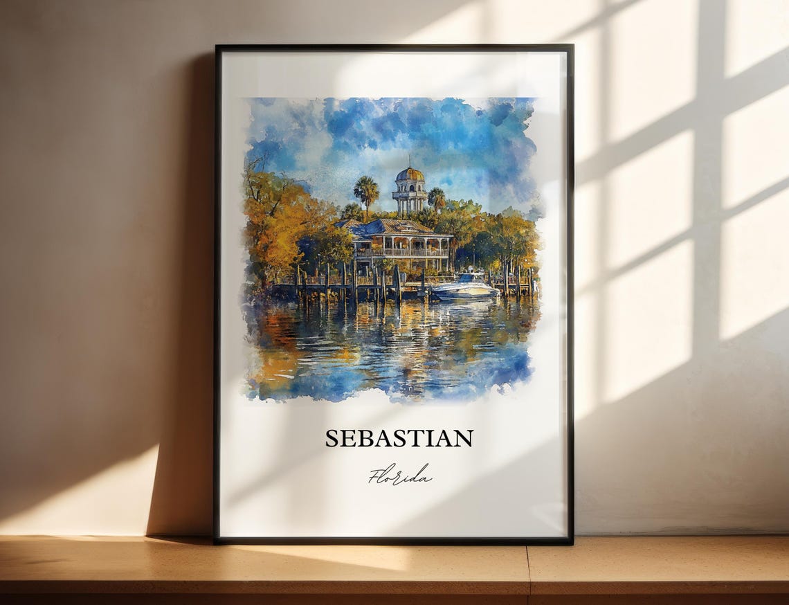 Sebastian Florida Riverfront Waterfront Boat Harbor Watercolor Poster - Image 4