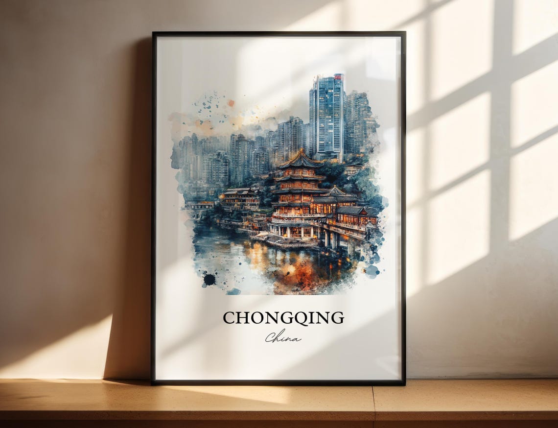 Chongqing China Watercolor Riverside Temple City Skyline Poster