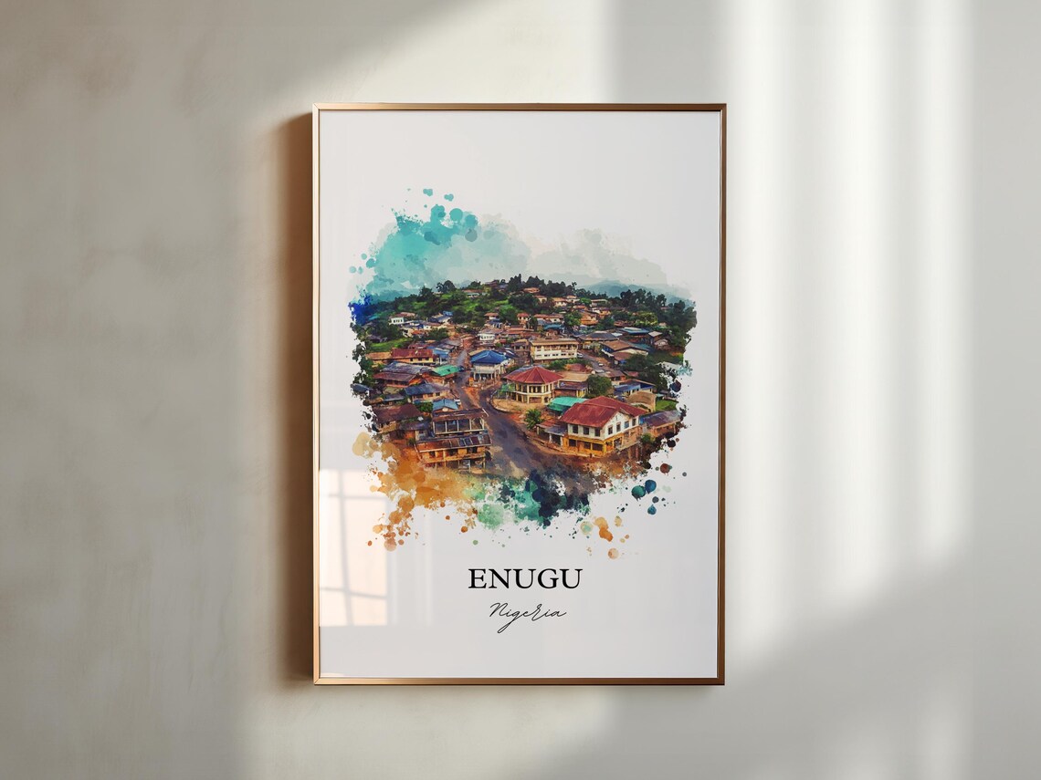Enugu Nigeria African Watercolor Cityscape Hillside Art Poster - Image 5