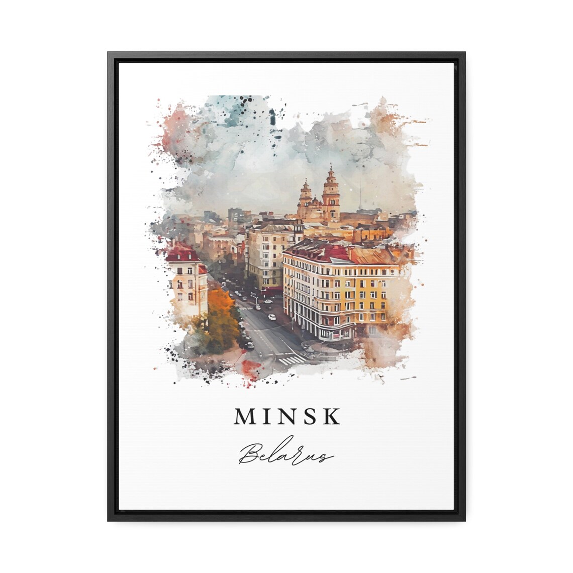 Minsk Belarus Historic City Skyline Streetscape Watercolor Poster - Image 2