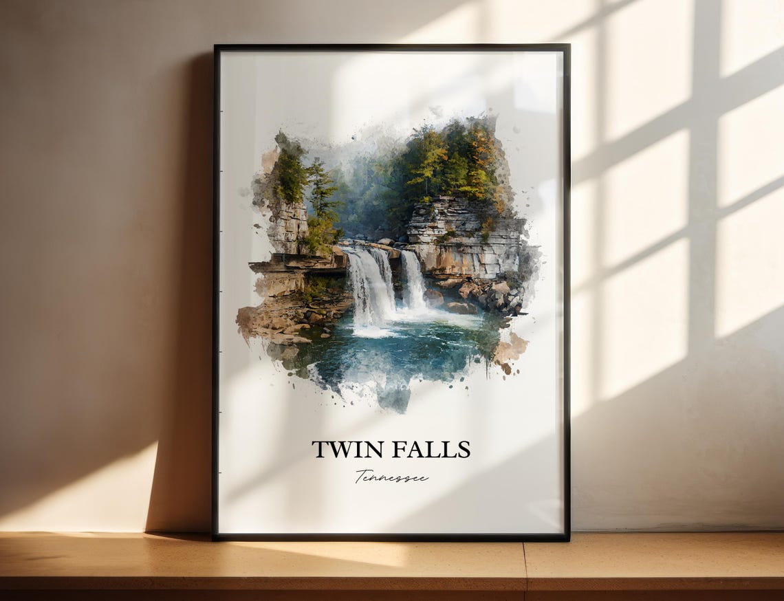 Twin Falls Tennessee Limestone Cliffs Cascade Watercolor Poster