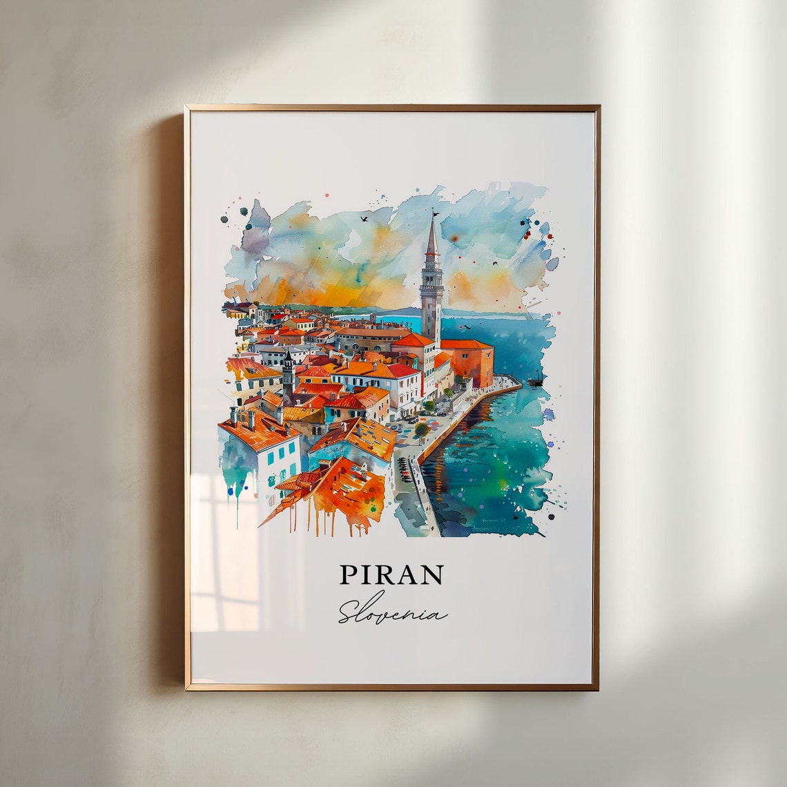 Piran Slovenia Watercolor Aerial Harbor Bell Tower Old Town Poster