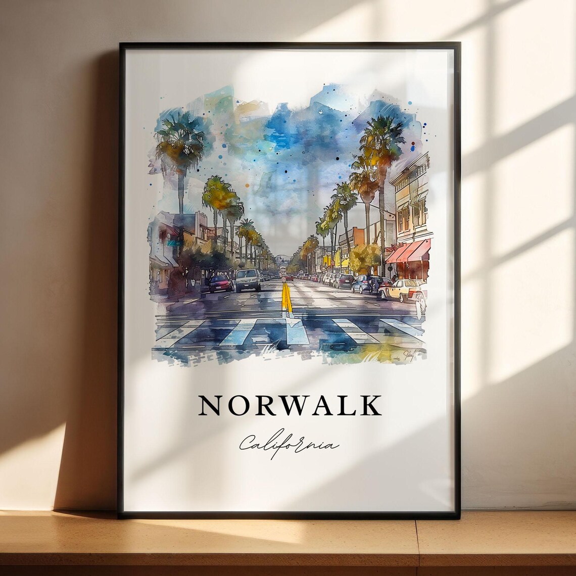 Norwalk California Palm Tree Downtown Street Watercolor Art Poster