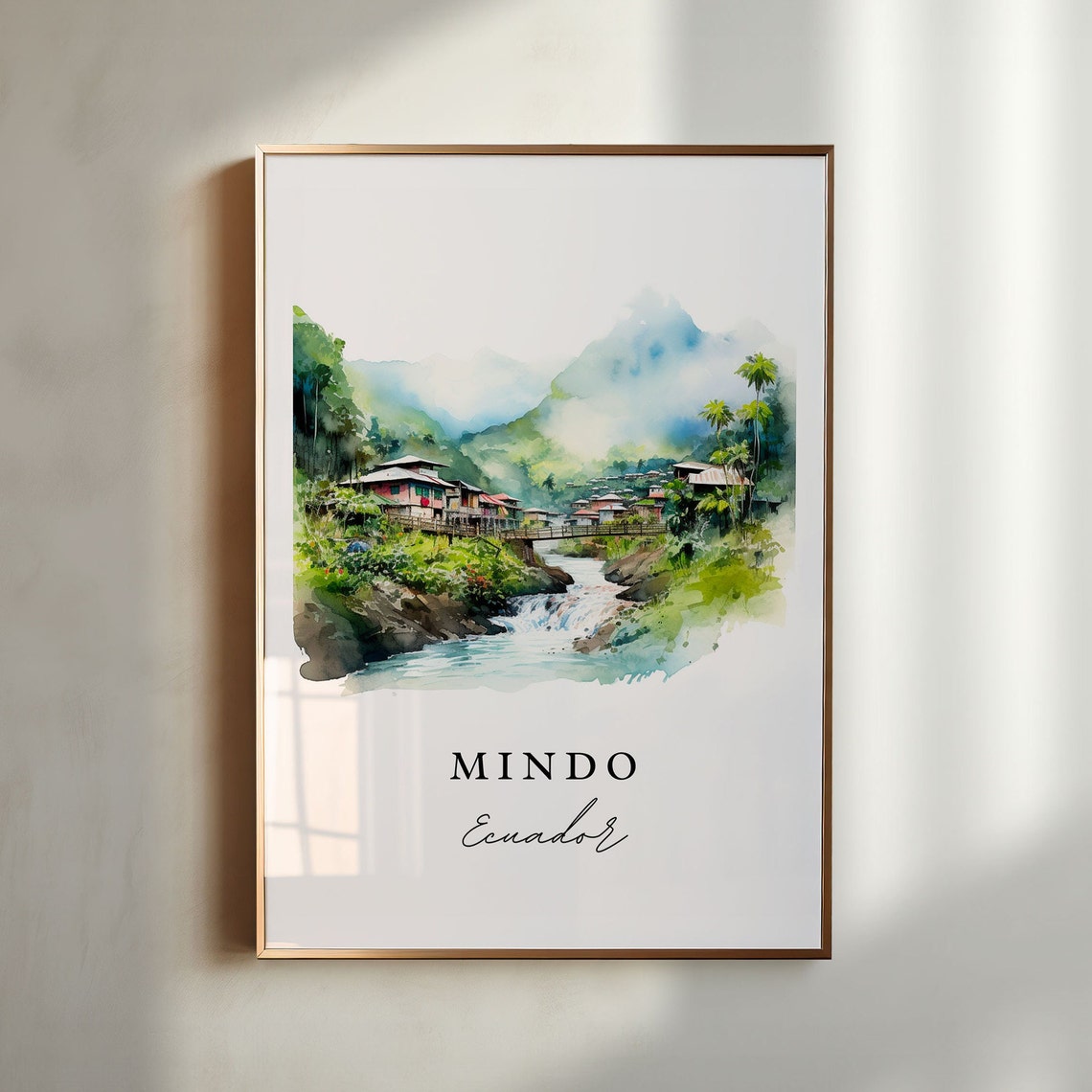 Mindo Ecuador Cloud Forest Waterfall Village Watercolor Poster