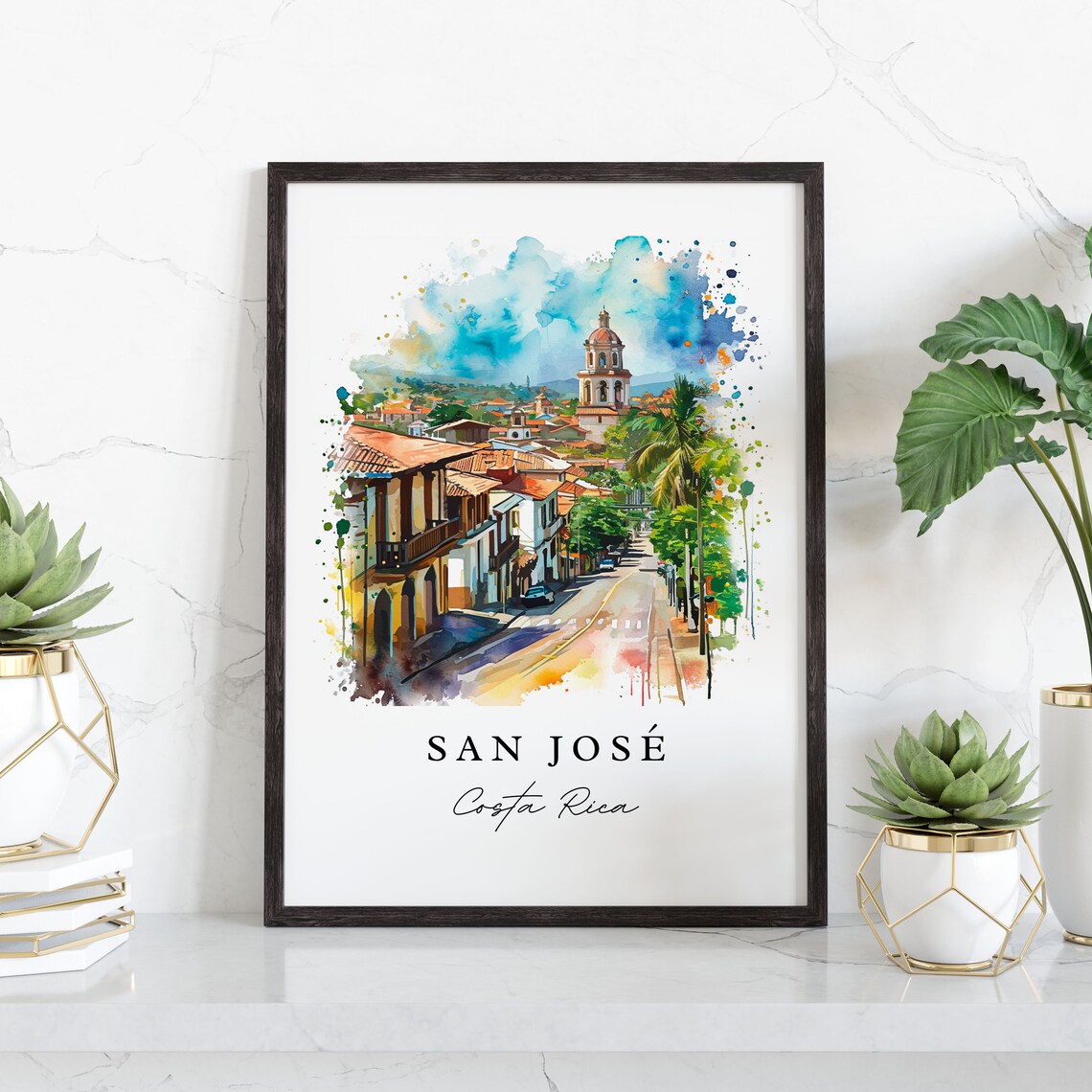 San Jose Costa Rica Watercolor Colonial Street Church Tower Poster - Image 3