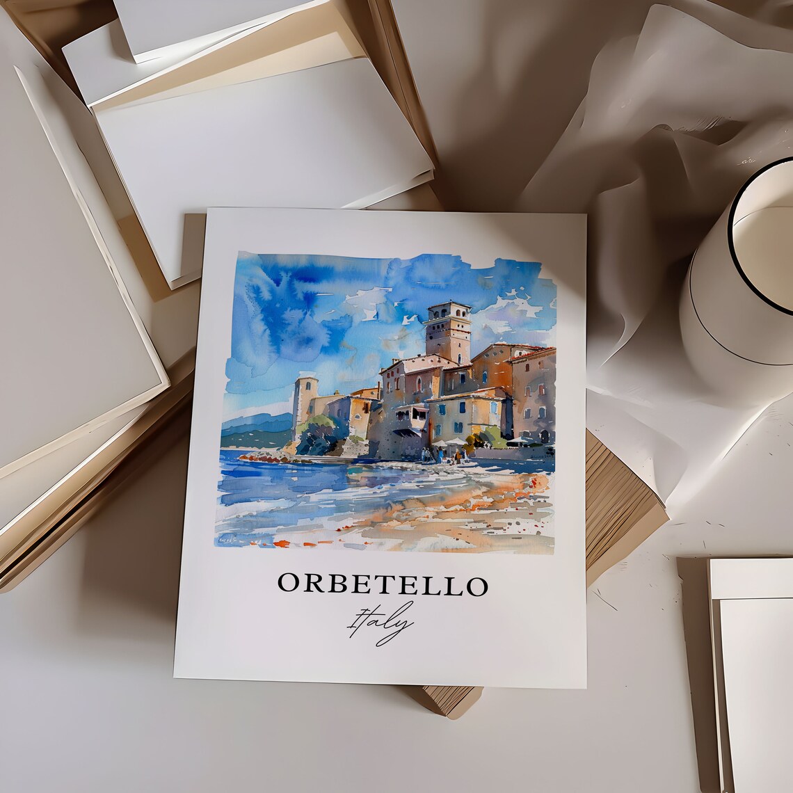 Orbetello Italy Waterfront Old Town Watercolor Travel Poster - Image 6