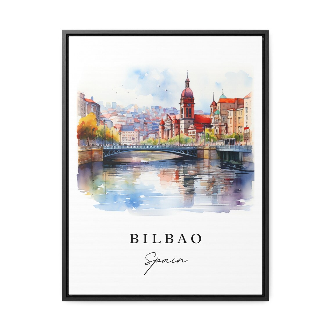 Bilbao Spain Historic River Bridge Old Town Watercolor Travel Poster - Image 2