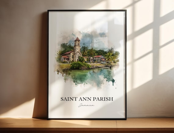 Saint Ann Parish Jamaica Watercolor Travel Church Harbour Scenic Poster