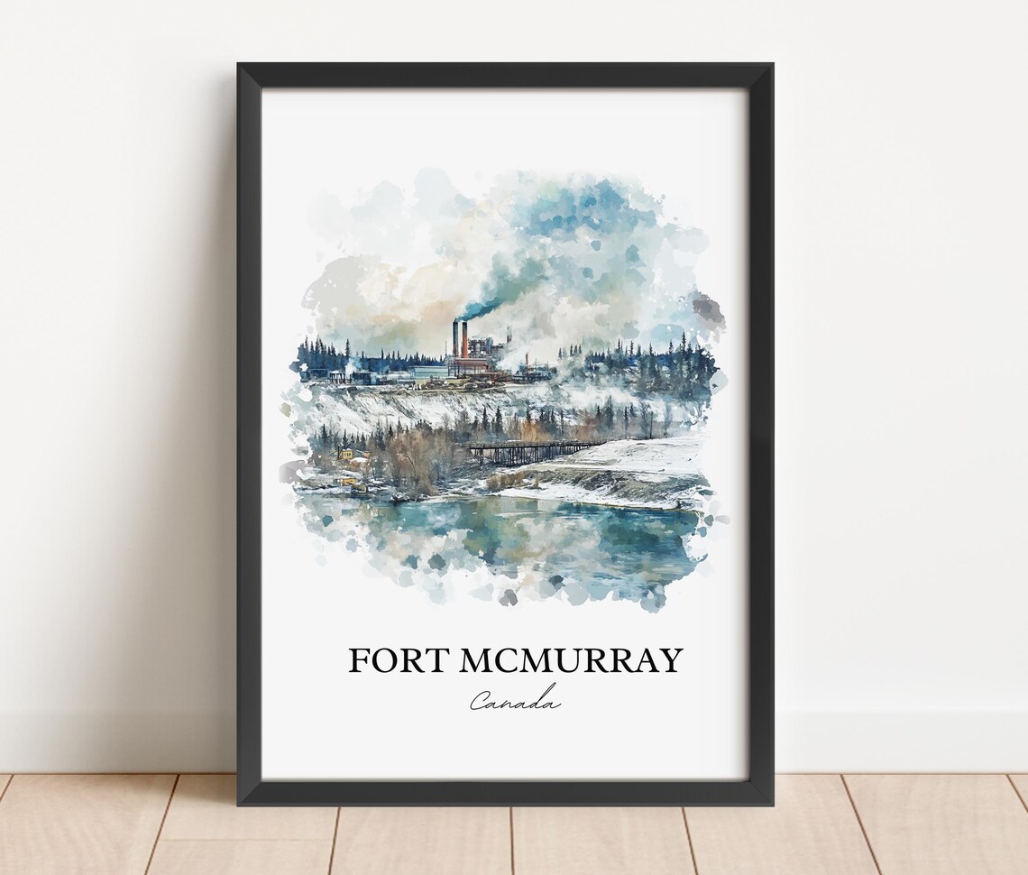 Fort McMurray Alberta Winter Industrial Skyline Watercolor Poster - Image 4