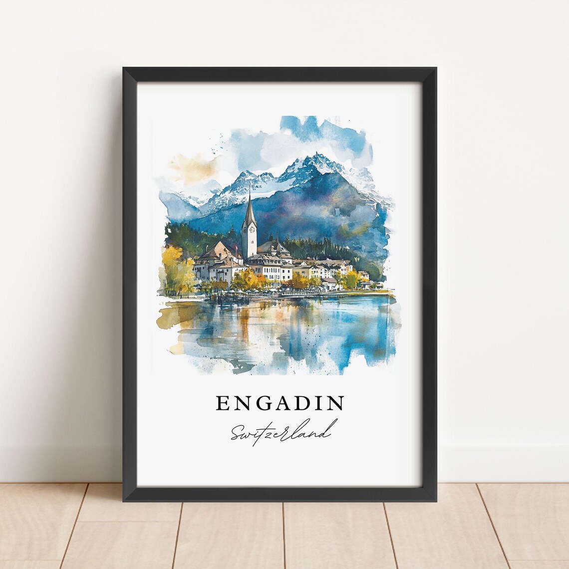 Engadin Switzerland Watercolor Lakeside Town Church Snowy Alps Poster