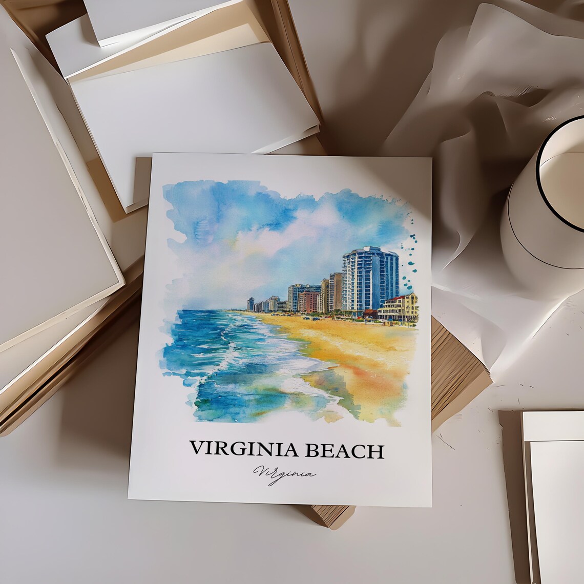 Virginia Beach Oceanfront Hotels Watercolor Coastal Travel Poster - Image 2