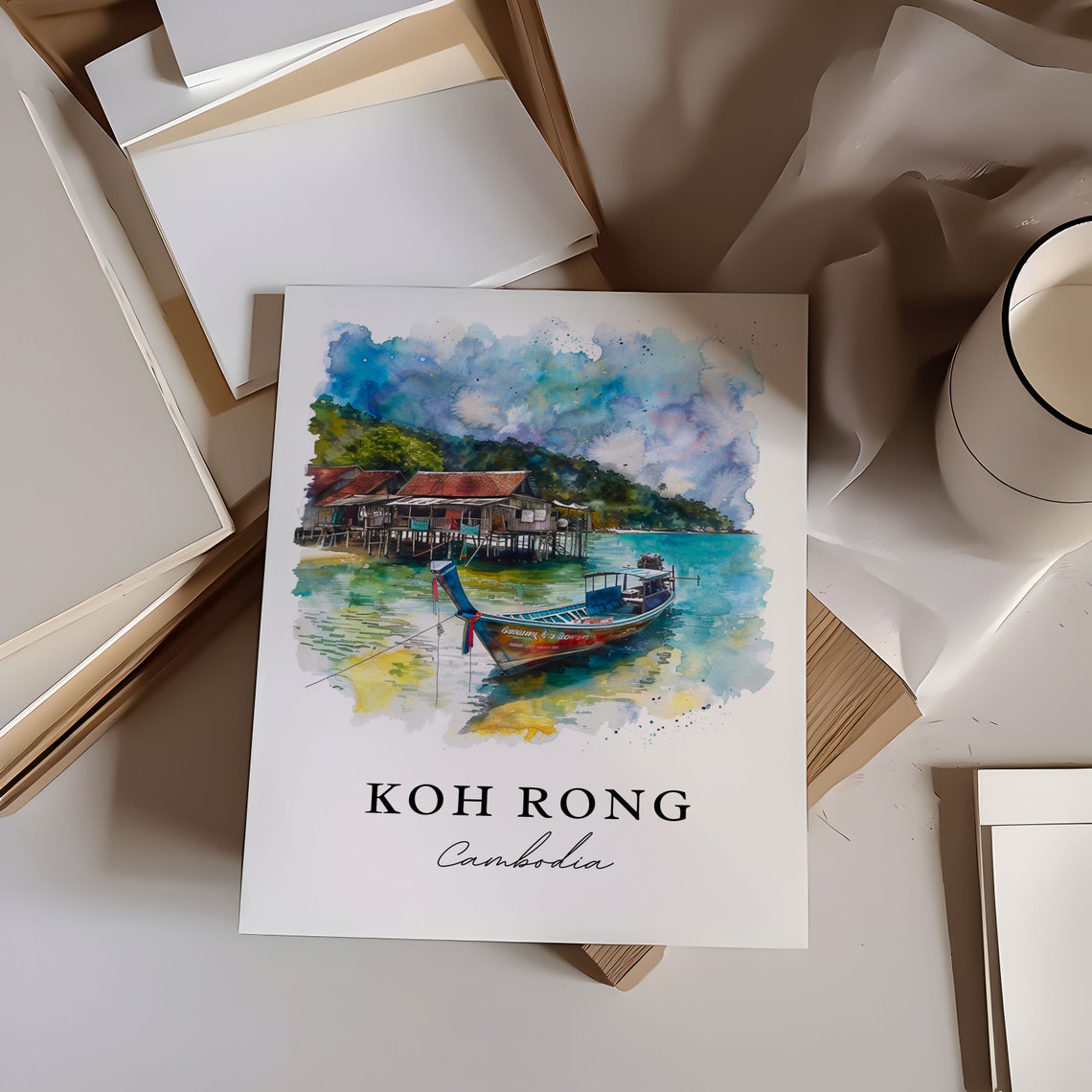 Koh Rong Cambodia Watercolor Stilt Houses Island Boat Art Poster - Image 7