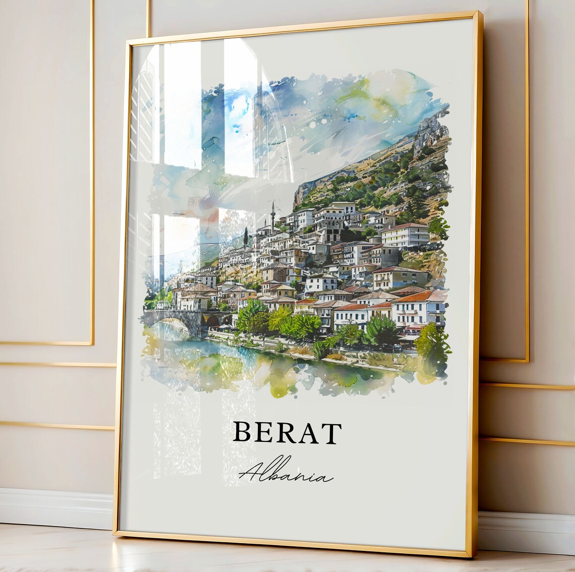Berat Albania Riverside Old Town Historic Watercolor Travel Poster - Image 4