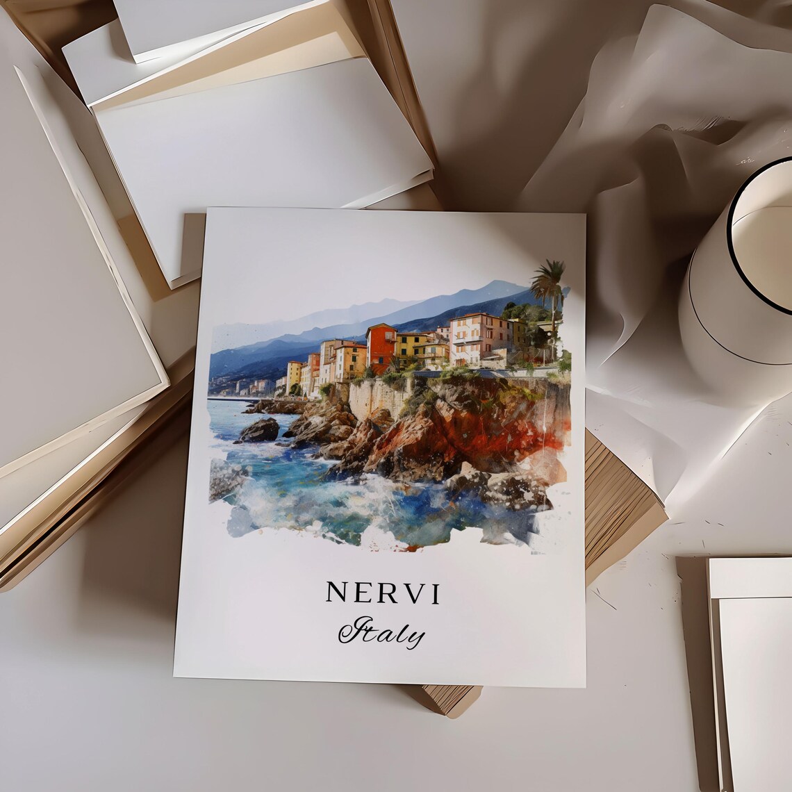 Nervi Italy Riviera Coast Colorful Cliffside Town Watercolor Poster - Image 5