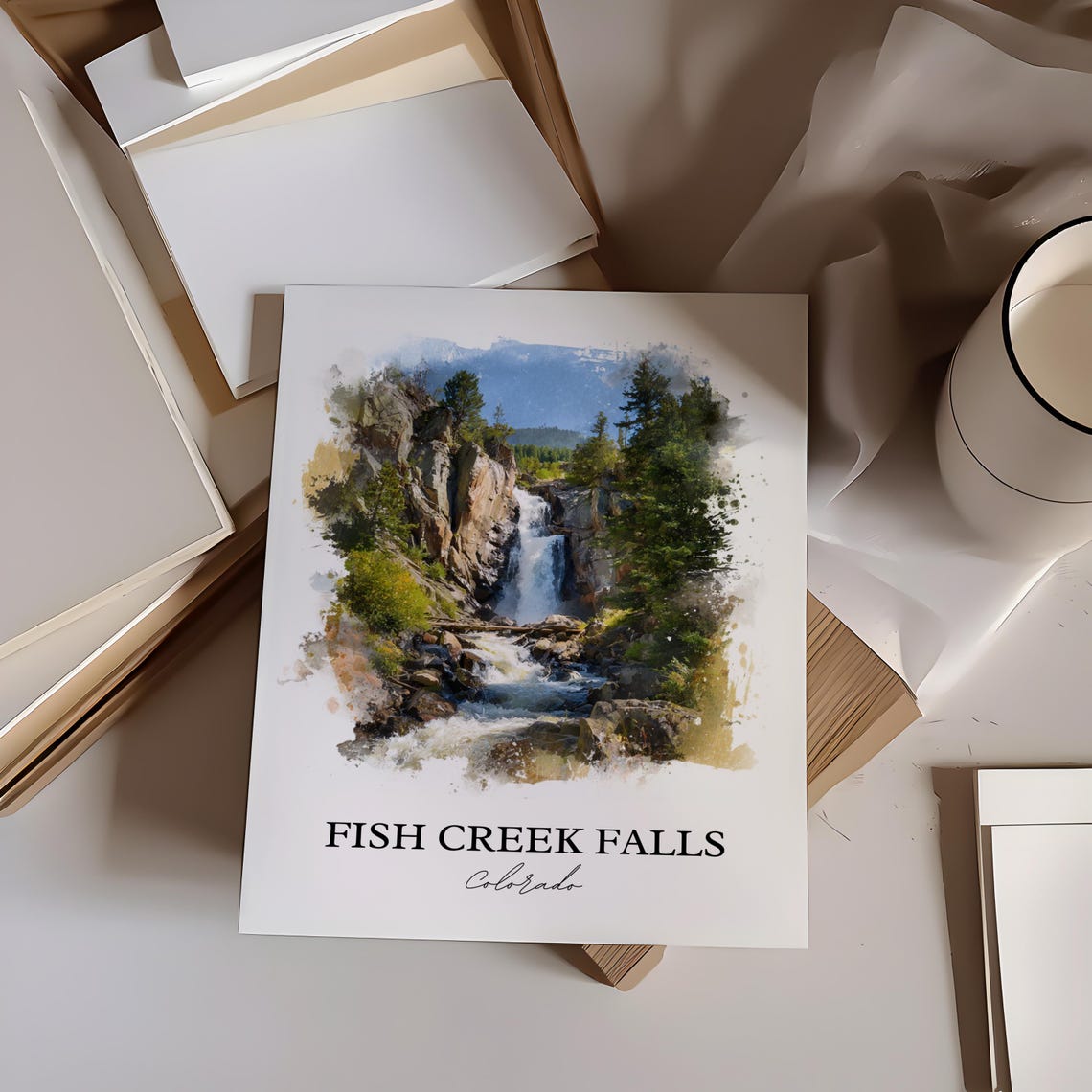Fish Creek Falls Colorado Pine Forest Cascade Watercolor Poster - Image 4