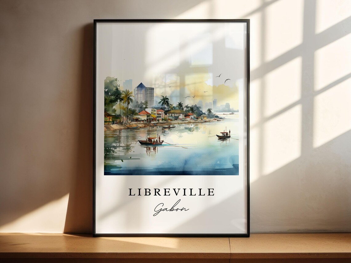 Libreville Gabon Harbor Boats Watercolor Travel Souvenir Poster - Image 4