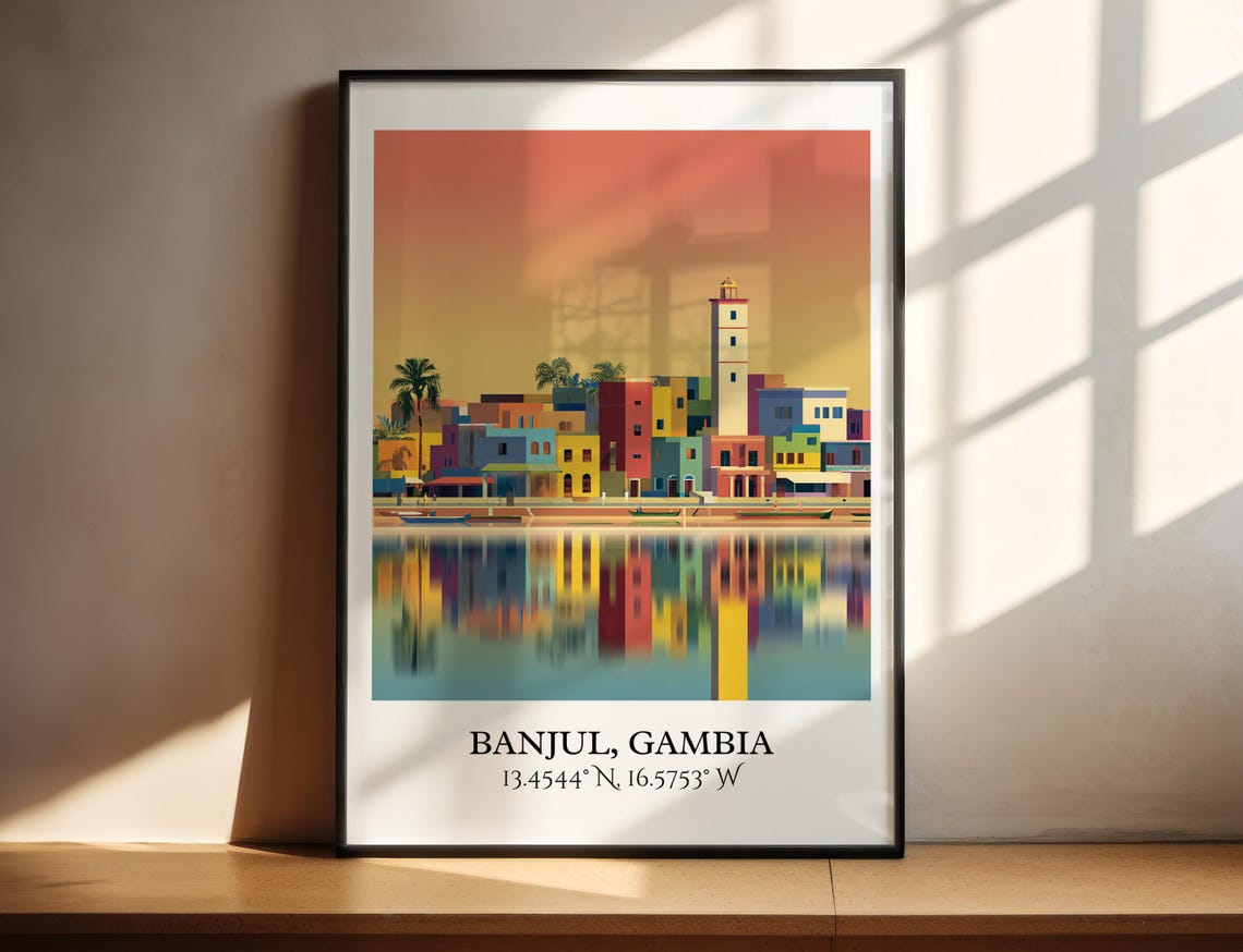 Banjul Gambia Harbor Lighthouse Sunset Waterfront Travel Poster