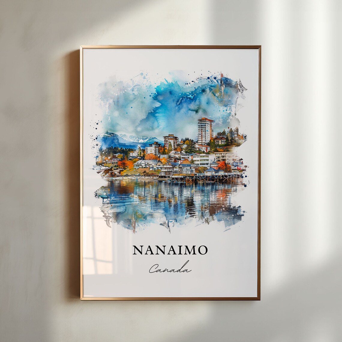 Nanaimo Canada Watercolor Harbor Skyline Coastal City Art Print