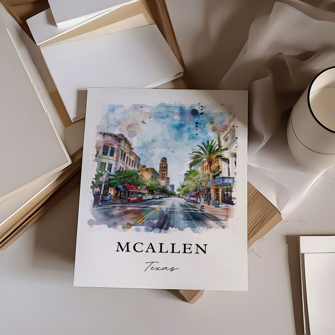 McAllen Texas Watercolor Main Street Palm Tree Clock Tower Poster - Image 6