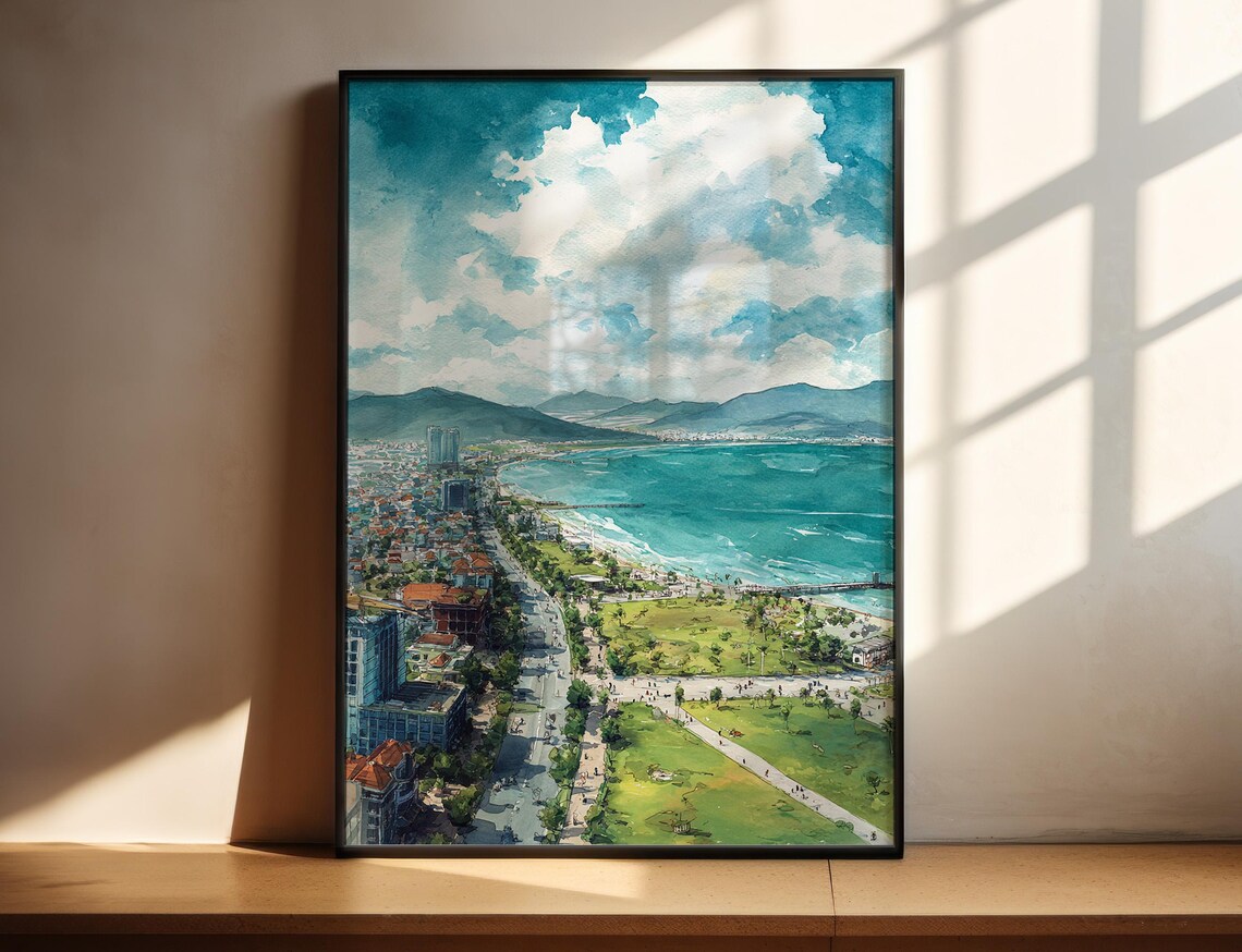 Da Nang Vietnam Watercolor Travel Poster Coastal City Beach Art