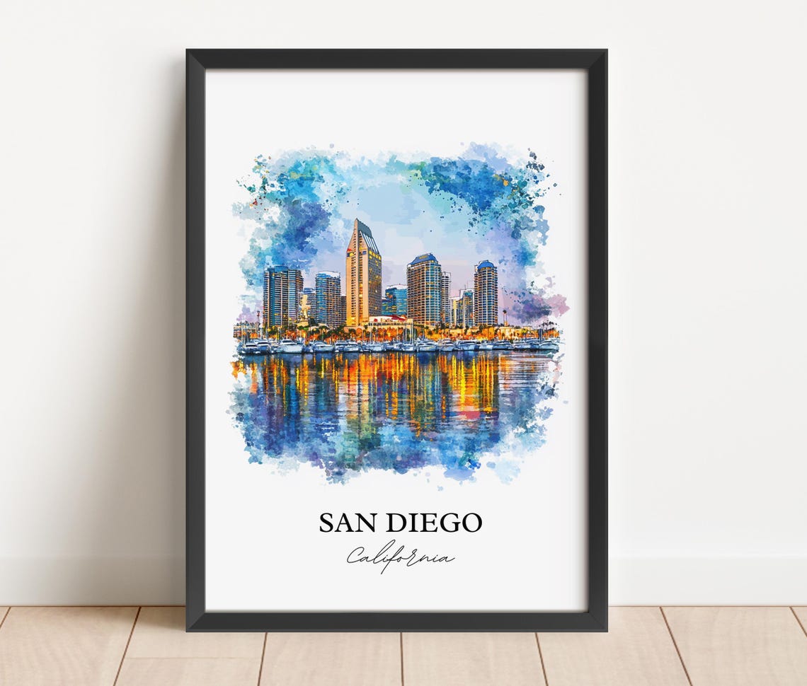 San Diego California Harbor Skyline Reflection Watercolor Poster - Image 4
