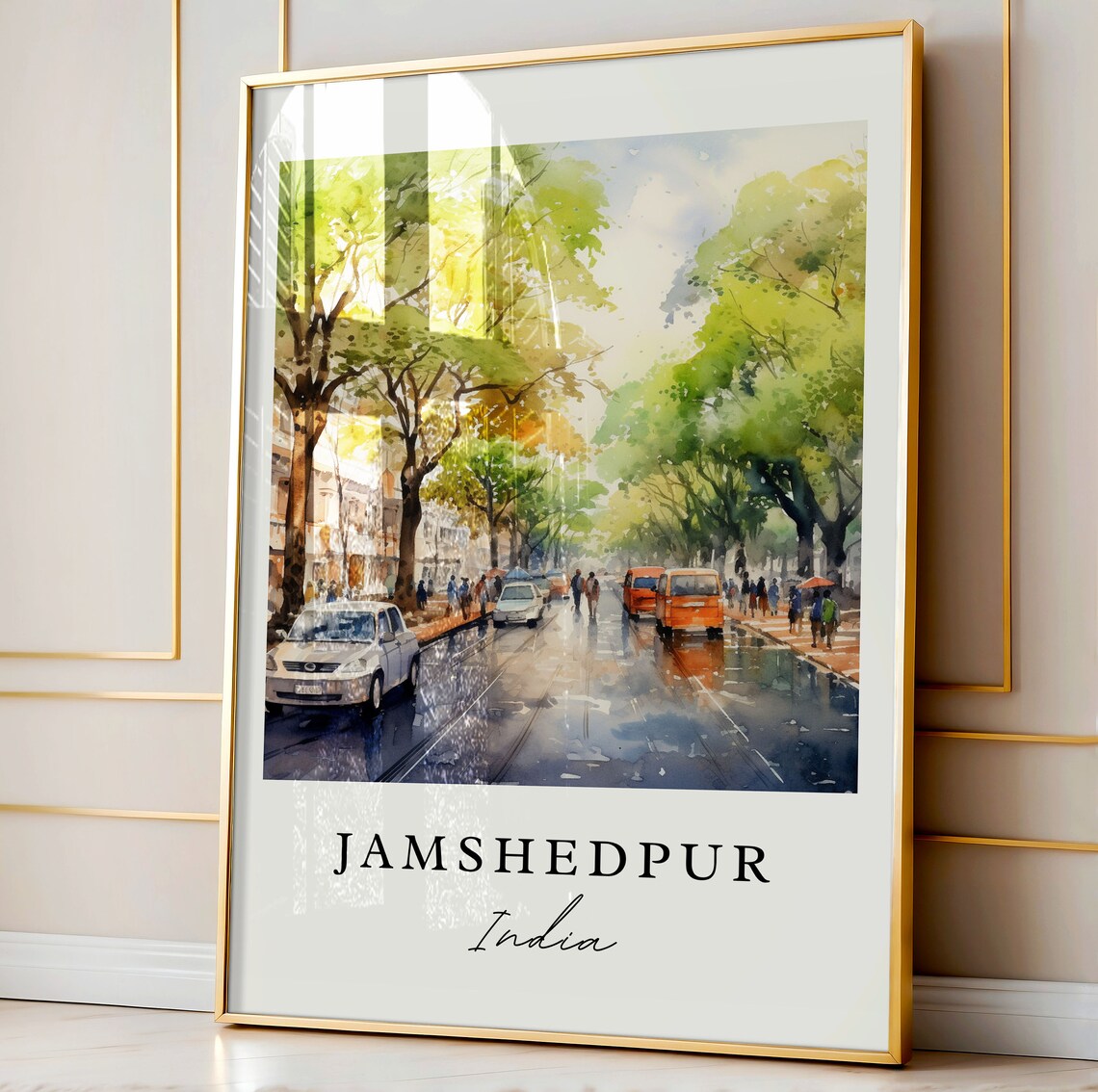 Jamshedpur India Watercolor Rainy Tree Lined Street Art Poster - Image 3