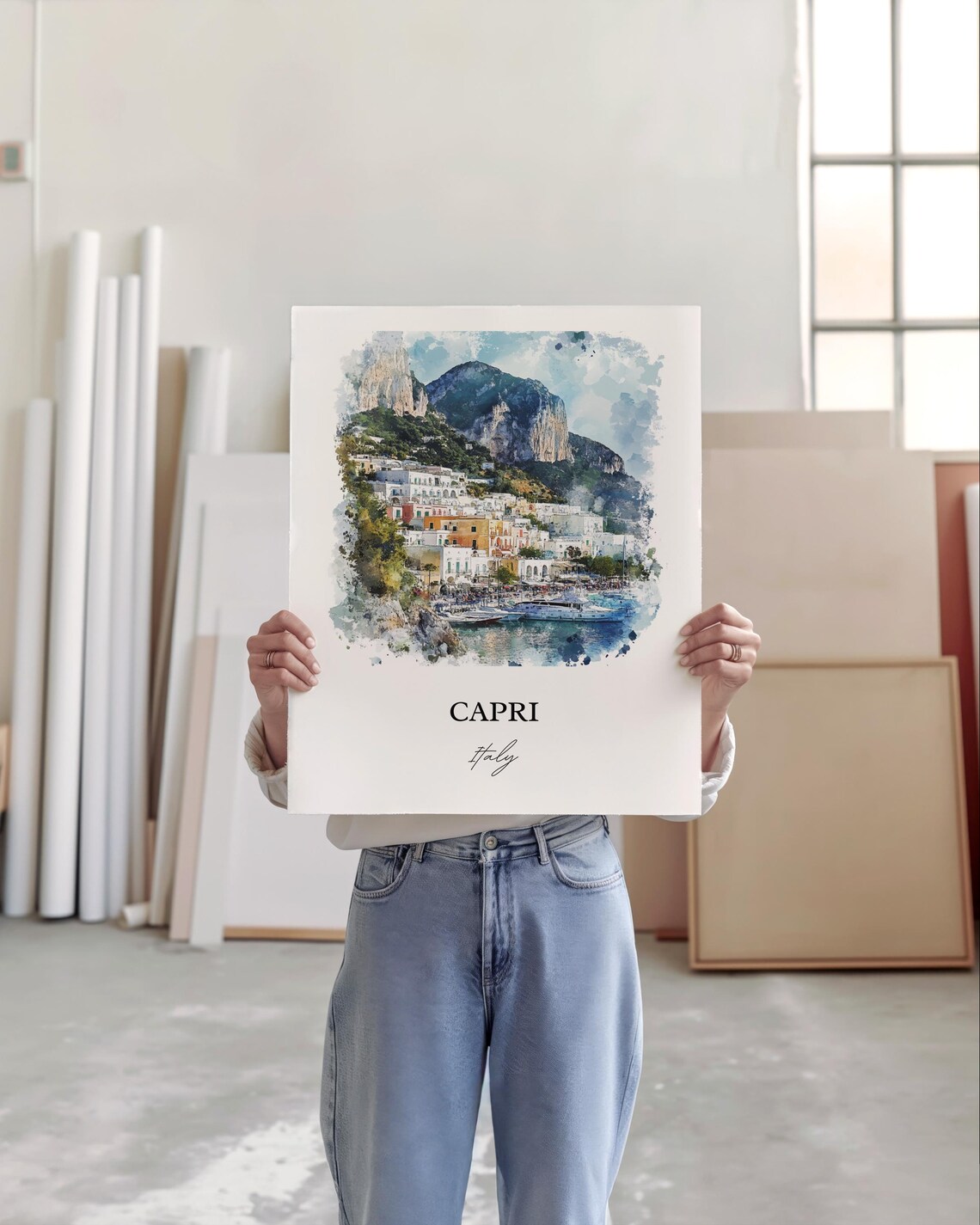 Capri Italy Island Harbor Marina Cliffs Watercolor Travel Poster - Image 2