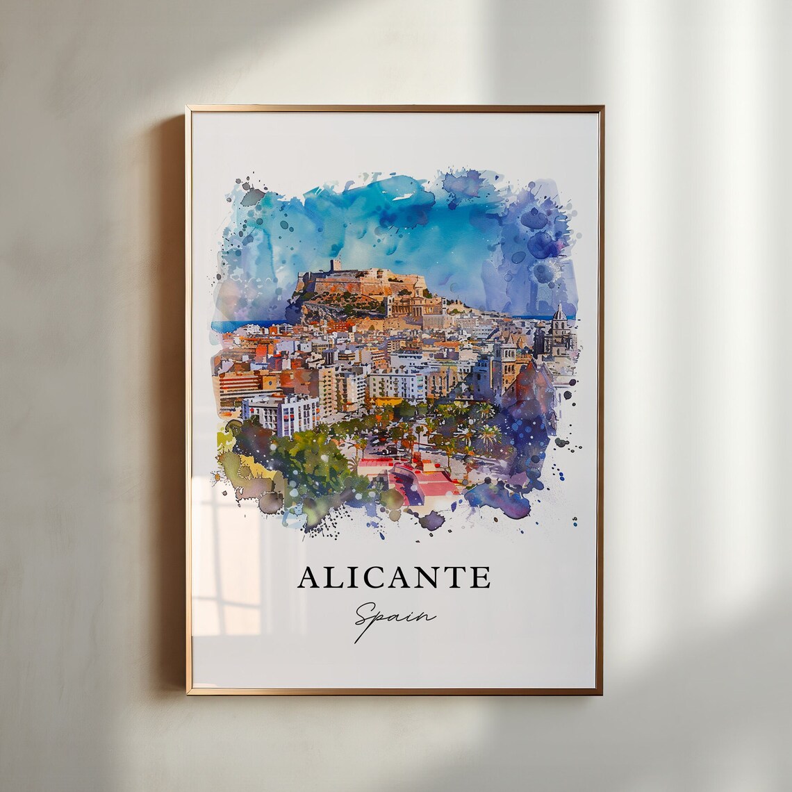 Alicante Spain Hilltop Castle City Panorama Watercolor Poster