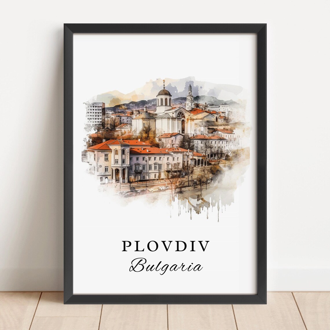 Plovdiv Bulgaria Watercolor Historic Old Town Scene Travel Poster
