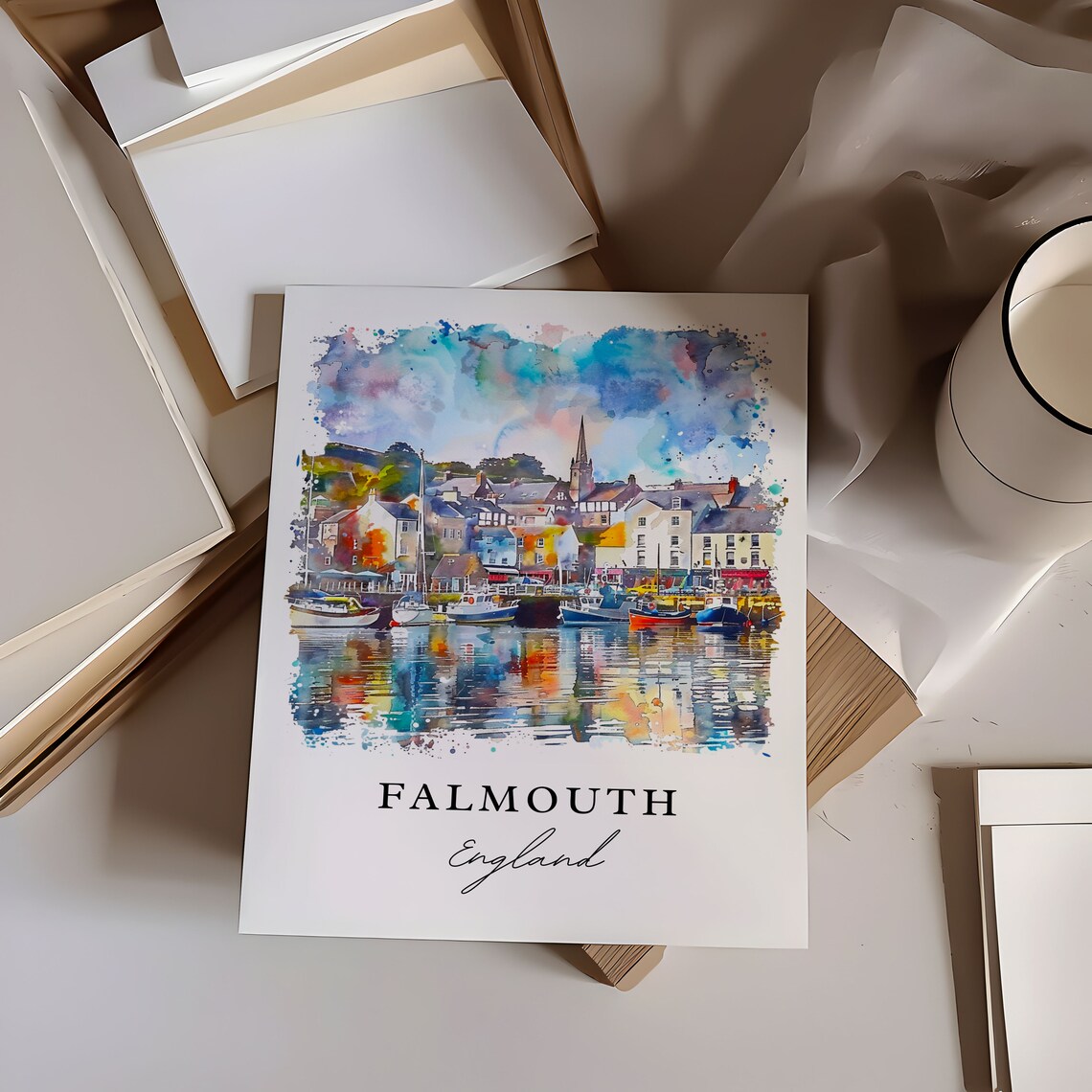 Falmouth England Watercolor Harbor Colorful Boats Town Poster - Image 5