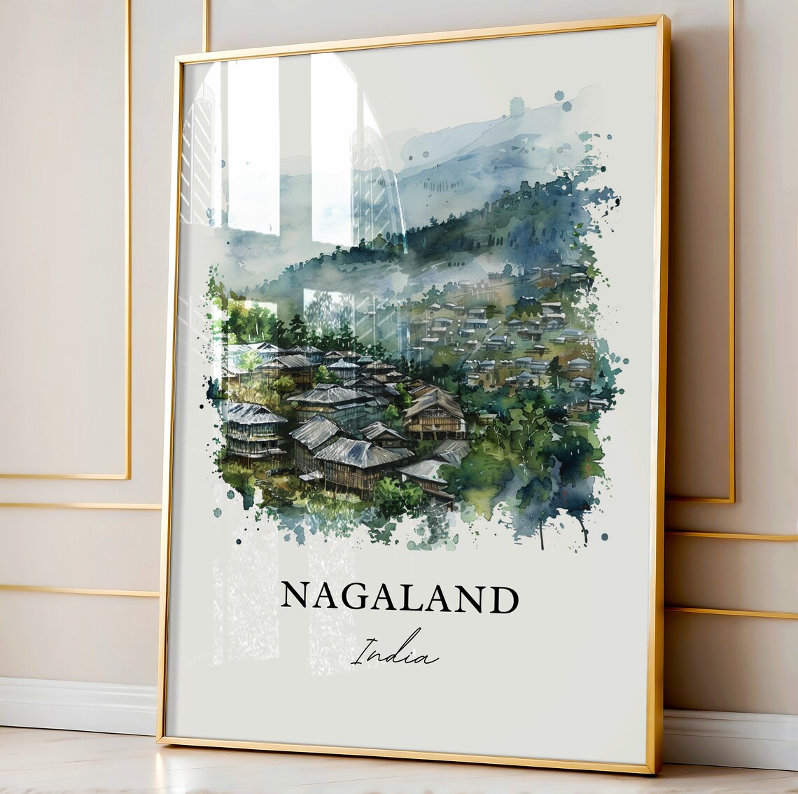 Nagaland India Tribal Misty Hill Village Watercolor Travel Poster - Image 4
