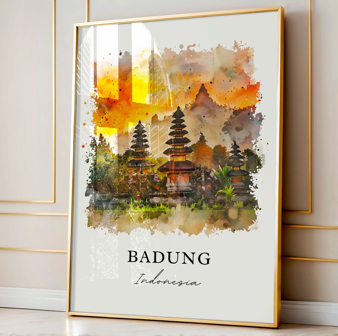 Badung Indonesia Watercolor Balinese Temple Sunset Towers Poster - Image 4