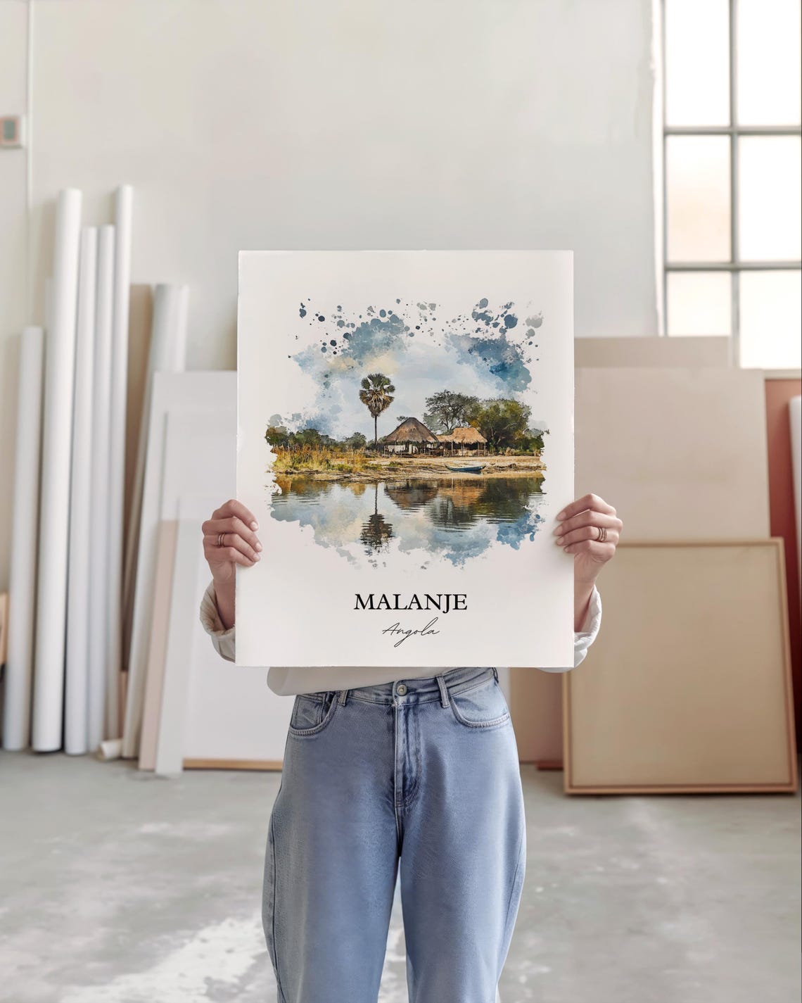 Malanje Angola Riverside Thatched Huts Palm Watercolor Poster - Image 3