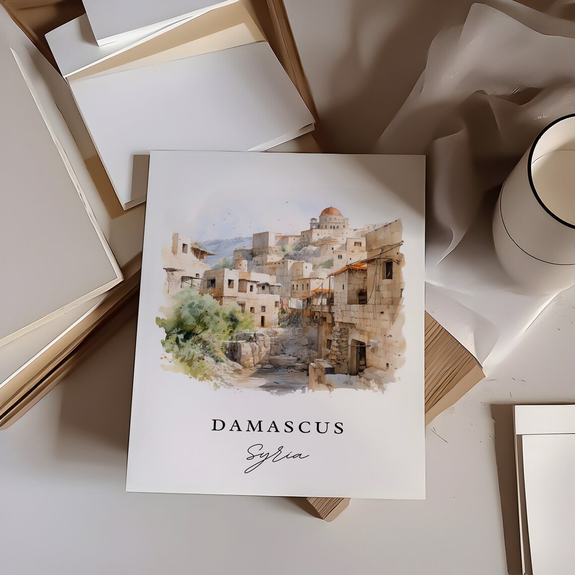 Damascus Syria Watercolor Ancient Old Town Stone Houses Poster - Image 5