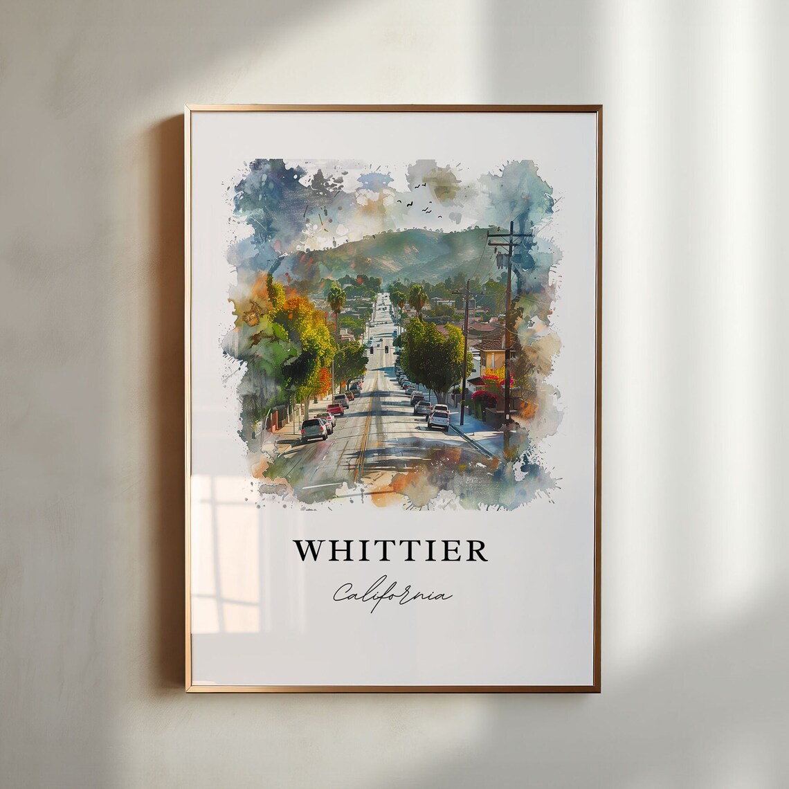 Whittier California Watercolor Palm Lined Street Hills Poster