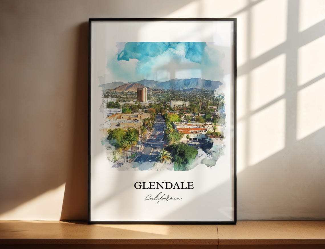Glendale California Watercolor Downtown Skyline City View Poster
