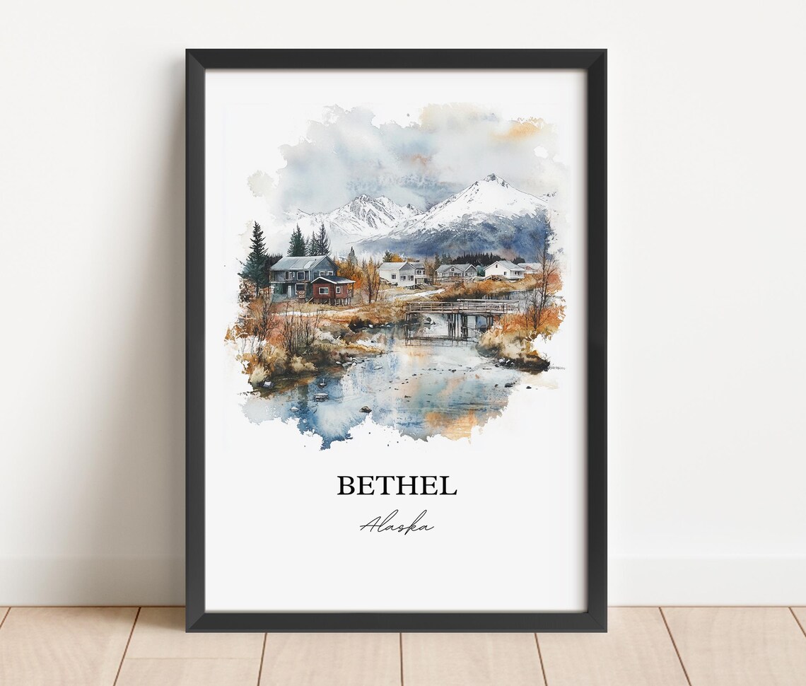 Bethel Alaska Riverside Village Snowy Mountains Watercolor Poster - Image 4
