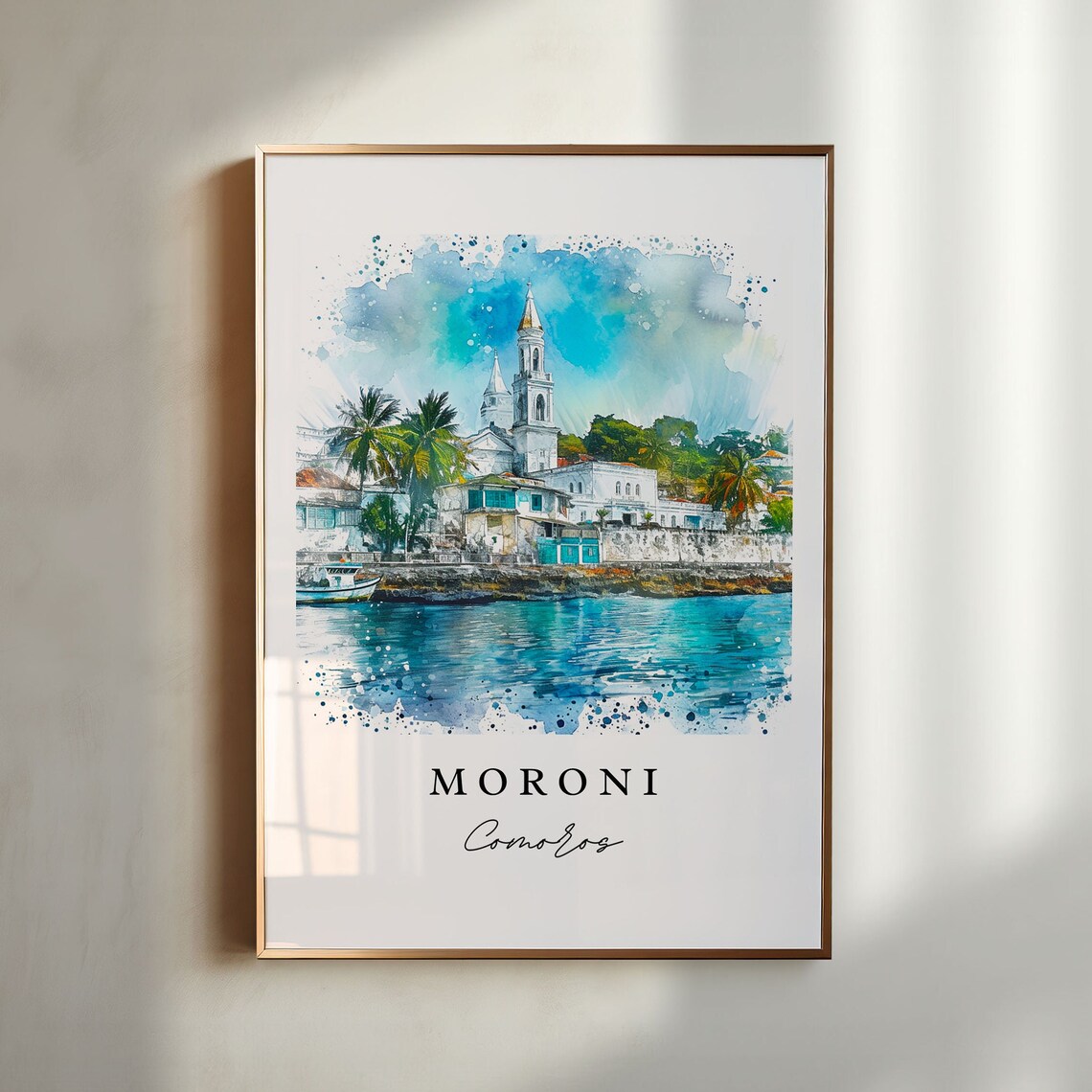 Moroni Comoros Harbor Mosque Watercolor Island Travel Poster
