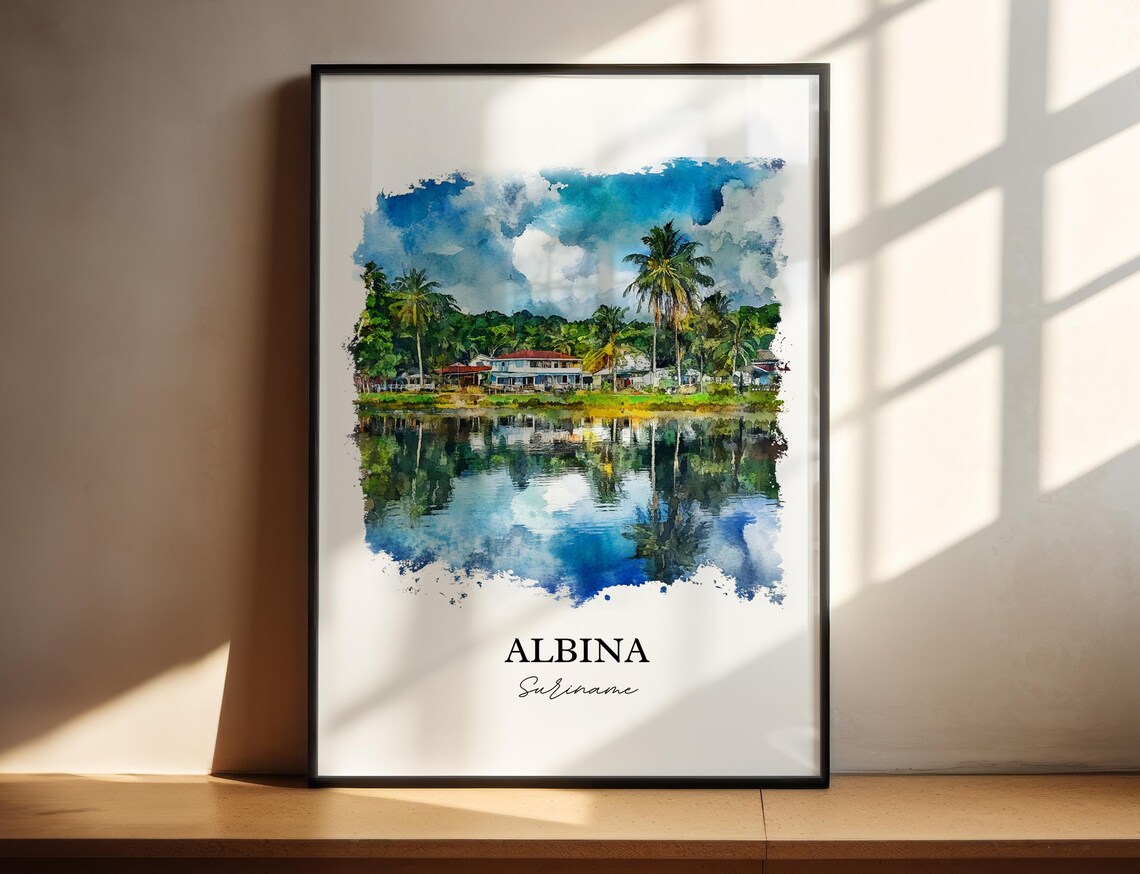 Albina Suriname Watercolor Palm River Reflection Travel Art Poster