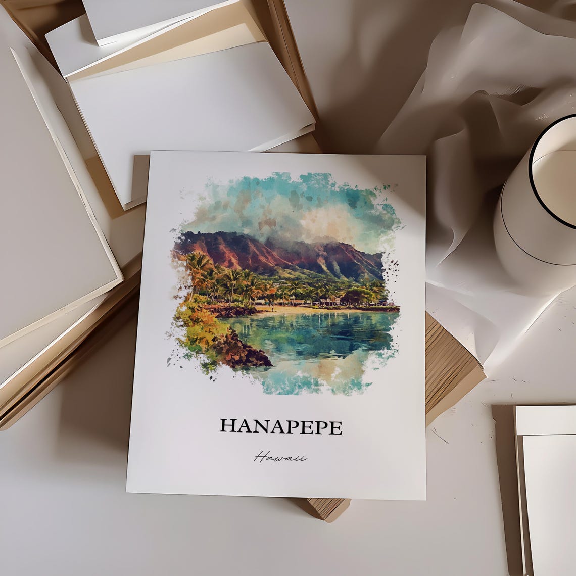 Hanapepe Hawaii Palm Lined Waterfront Mountain Ridge Watercolor Poster - Image 3