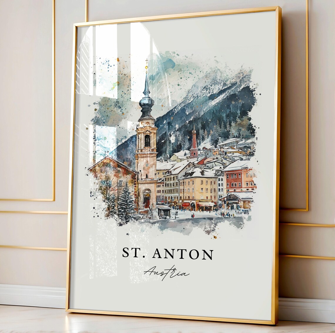 St. Anton Austria Snowy Alpine Village Watercolor Ski Poster - Image 3